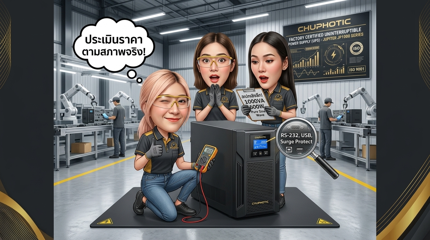 ตรวจสภาพเครื่องสำรองไฟสำหรับการรับซื้อ UPS Chuphotic Jupiter JP1000 บริเวณแผงเชื่อมต่อและป้ายสเปก