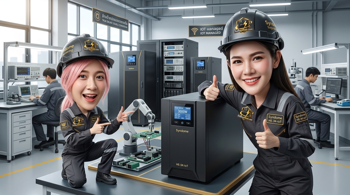 บริการรับซื้อ UPS Syndome HE-3K-IoT แสดงป้ายเนมเพลตและหน้าจอ LCD ด้านหน้าตัวเครื่อง