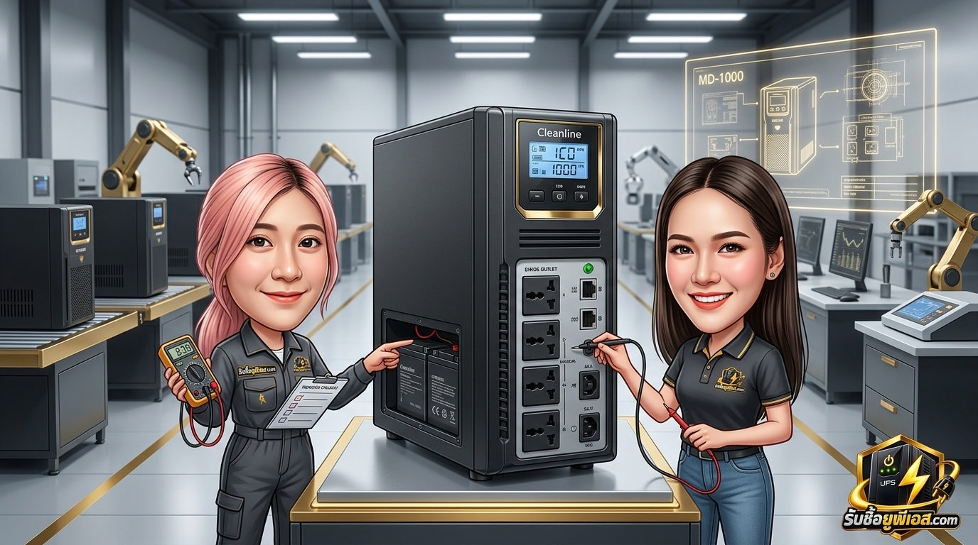 ตรวจสภาพเครื่องสำรองไฟเพื่อประเมินราคาในการรับซื้อ UPS Cleanline MD-1000