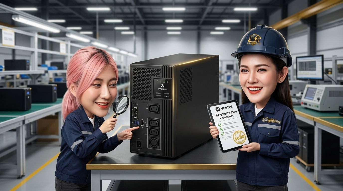 บริการรับซื้อ UPS Vertiv PSA1500MT3-230U ตรวจสอบสภาพภายนอกและพอร์ตเชื่อมต่อด้านหลังเครื่อง