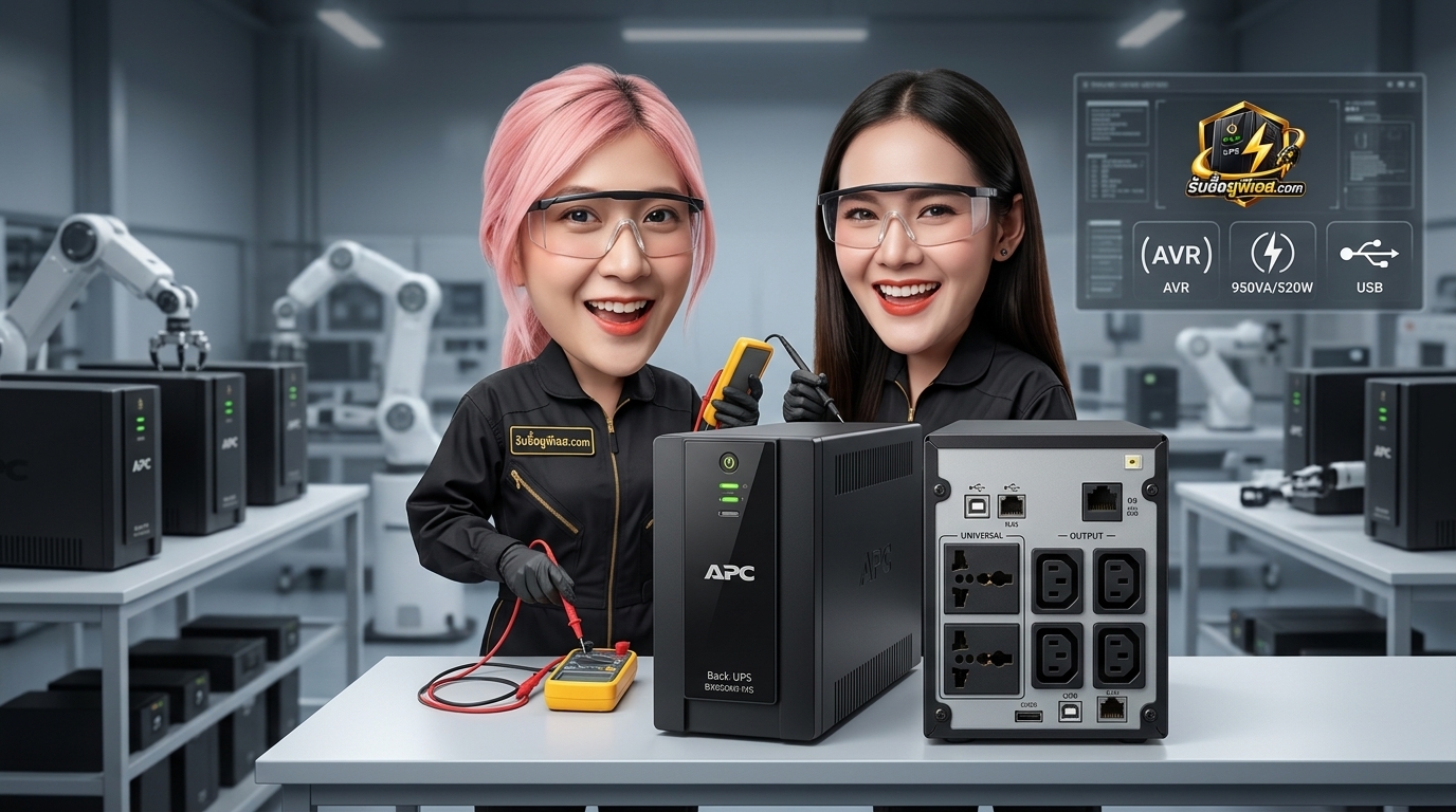 ตรวจเช็กสภาพเครื่องสำรองไฟสำหรับการรับซื้อ UPS APC BX950MI-MS ด้านหลังตัวเครื่องและพอร์ตเชื่อมต่อ